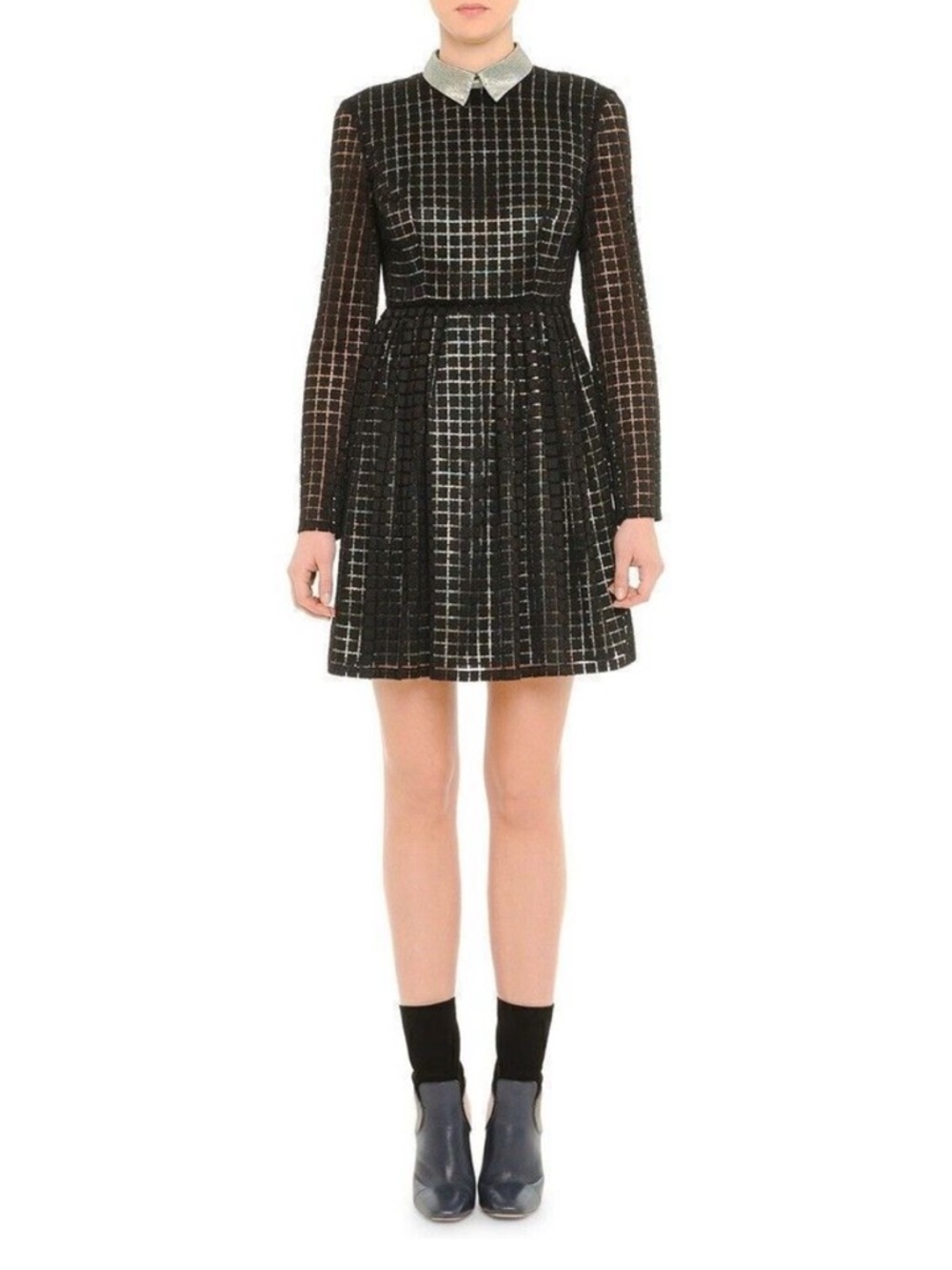 MARCO DE VINCENZO Black Metallic Grid Long-Sleeve Dress with Collar runway rare
